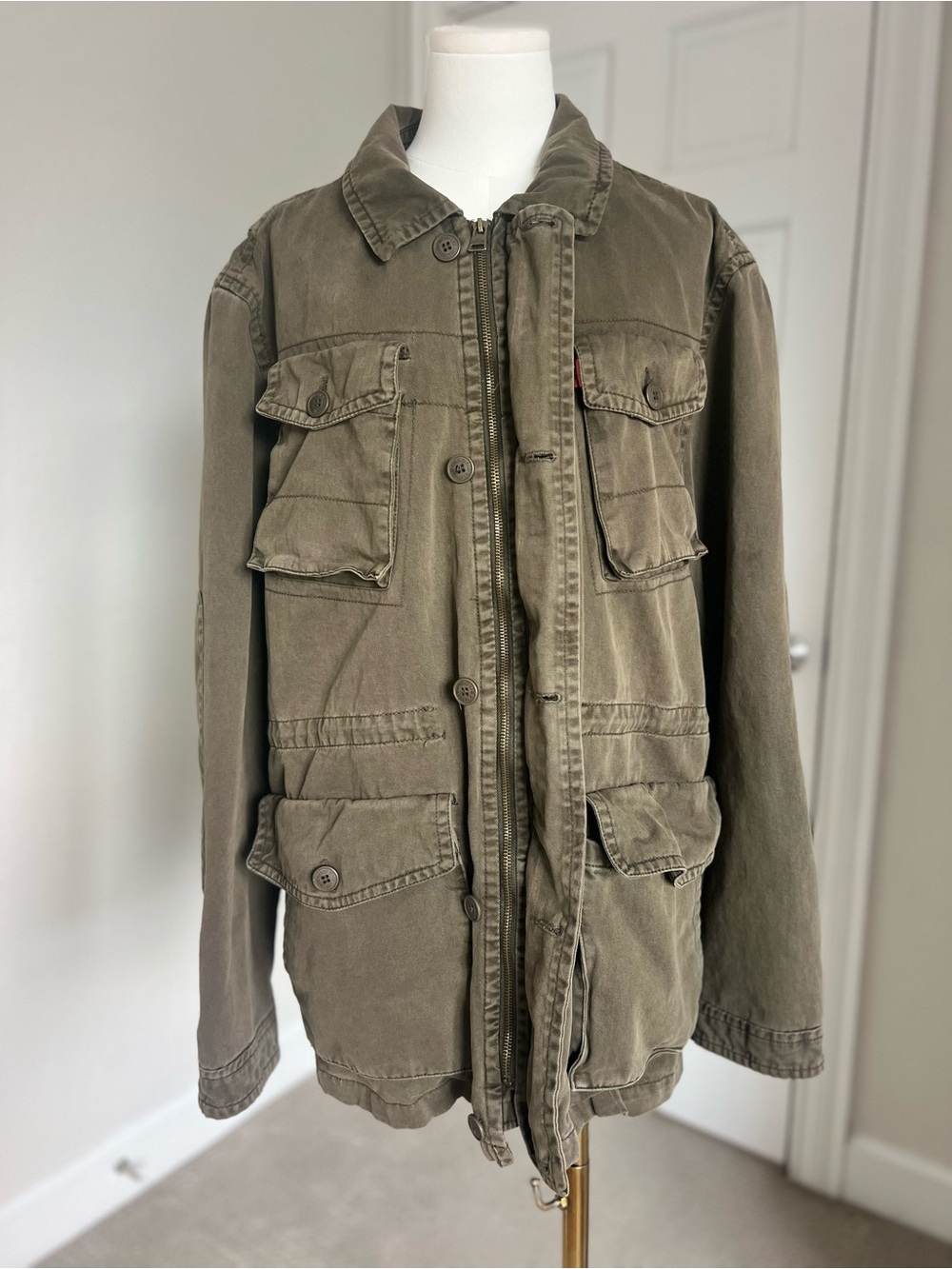 Levi's Men's Green Military Field Jacket Full Zip Pockets Mid-Length Size XL